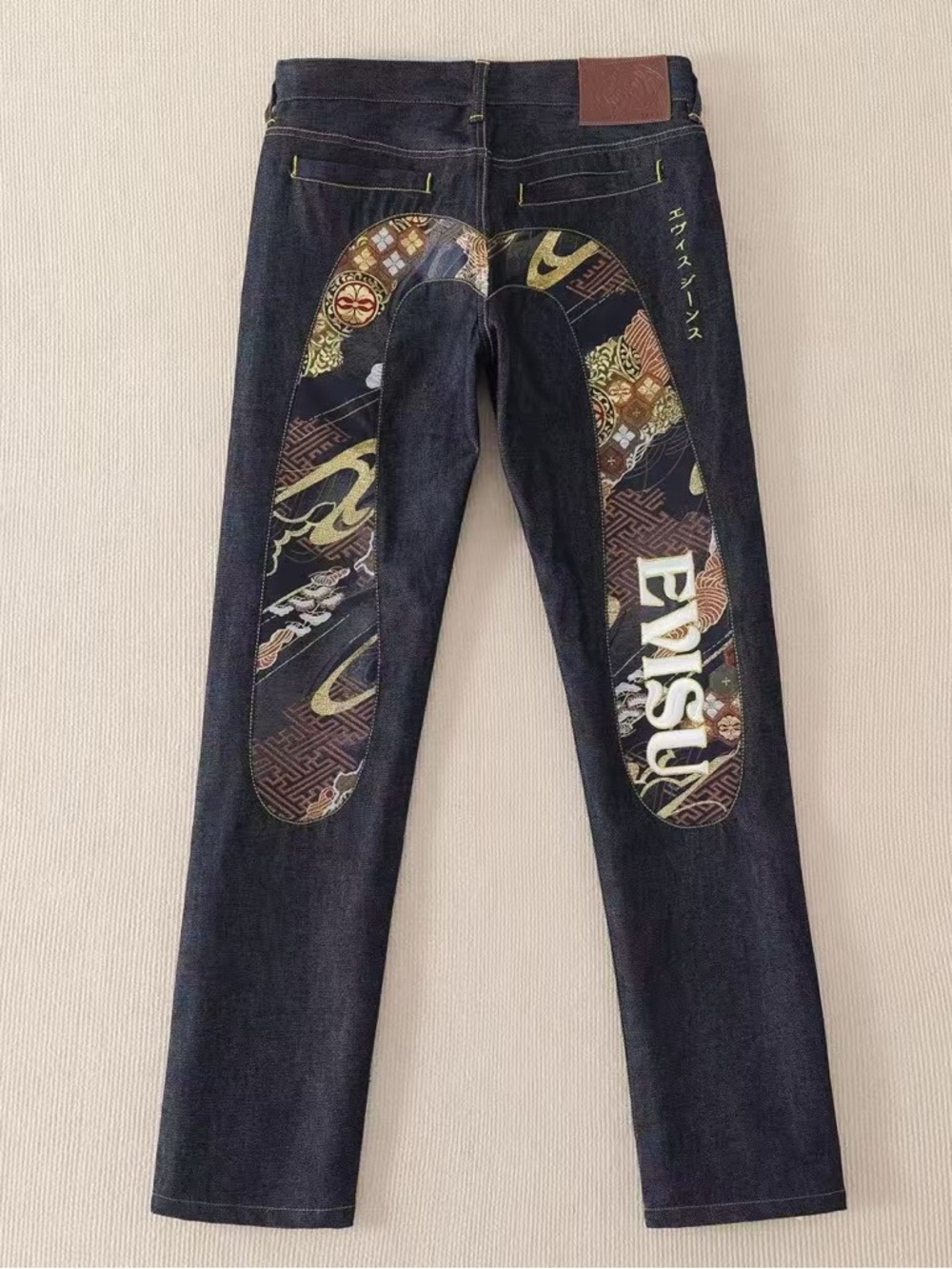 Evisu Men's Dark Blue Denim Jeans with Graphic Back Panel
